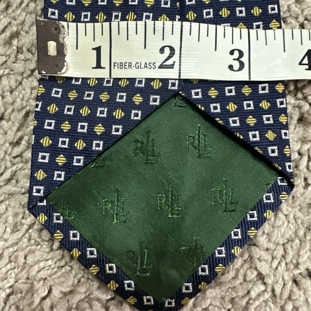 Ralph Lauren Men's Luxury Tie Blue & Gold Geometric 100% Silk 3.50